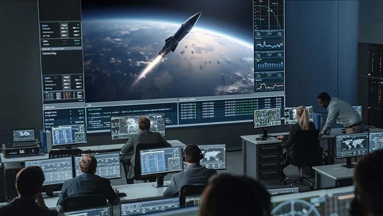 Ground control professionals sit at computers and watch live video of a rocket launching