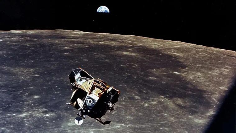 Apollo 11 floating above the surface of the moon