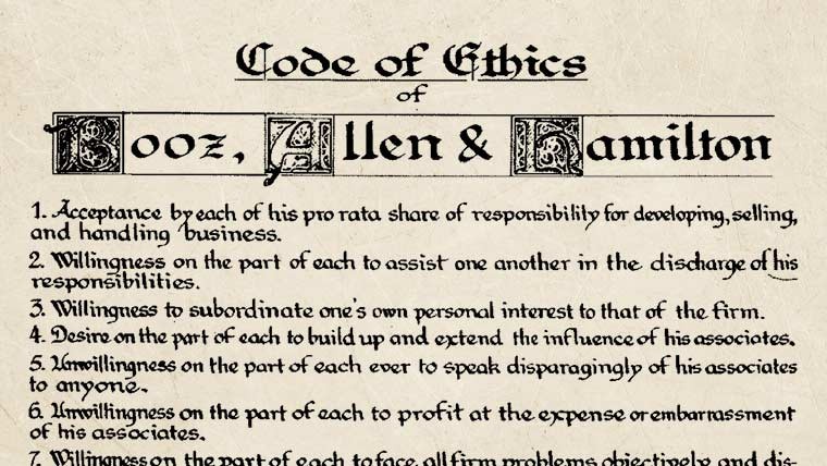 Old document listing Booz Allen’s code of ethics in an elaborate script