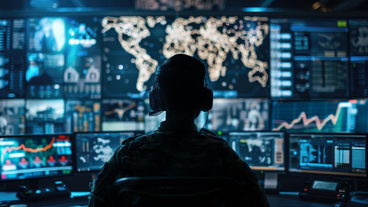 military looking at data control center